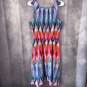 Athleta Womens S Multicolor Ikat Boho Faux Wrap Blue Tassels Tie Summer Dress
